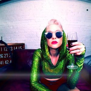 Club Exx Green Holographic Hooded Crop Top